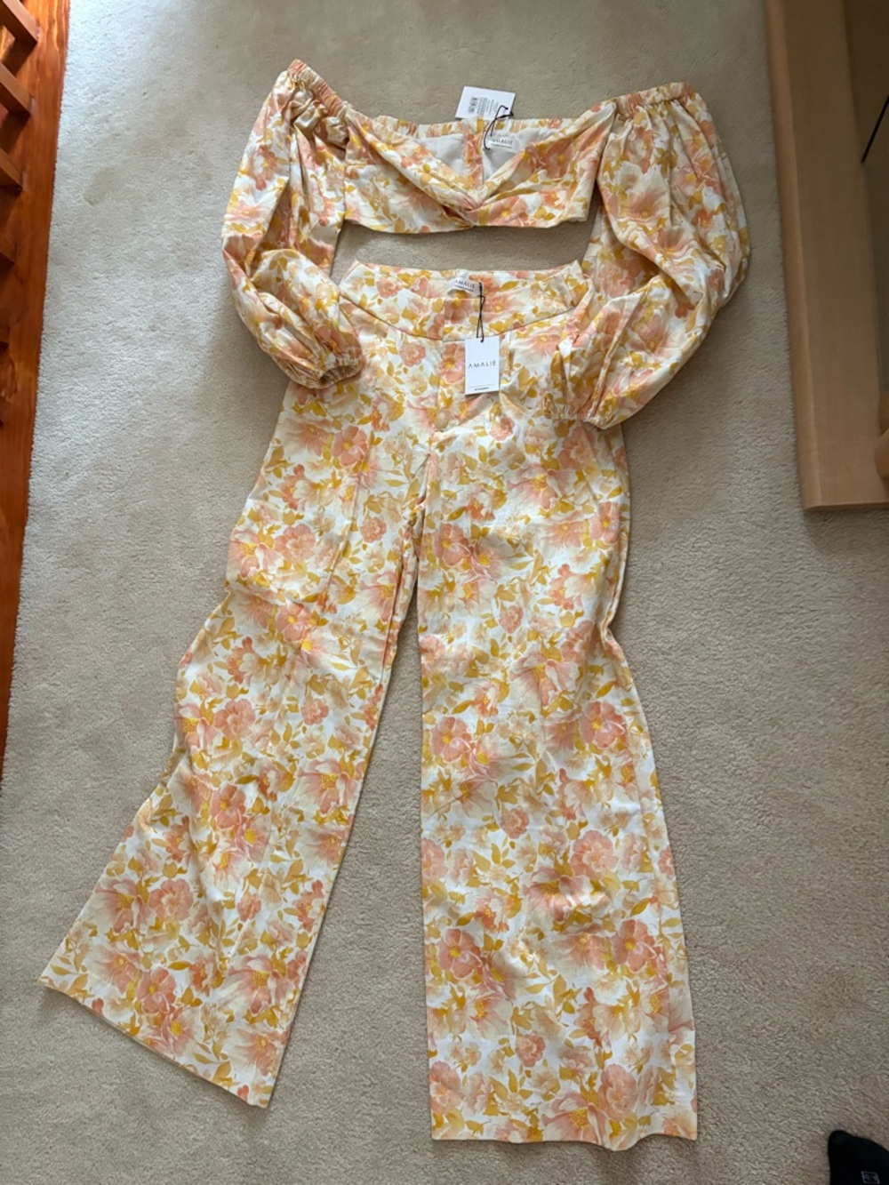 Showpo Floral Off-Shoulder Crop Top & Wide Leg Pants Set - Yellow Peach